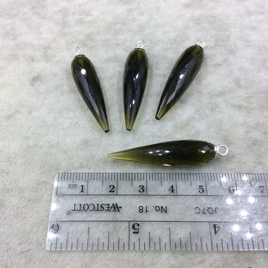 Olive Green Quartz Bezel | Large Sterling Silver Finish Faceted Spike Transparent Component - 10mm x 35 - 40mm - Sold Per Each