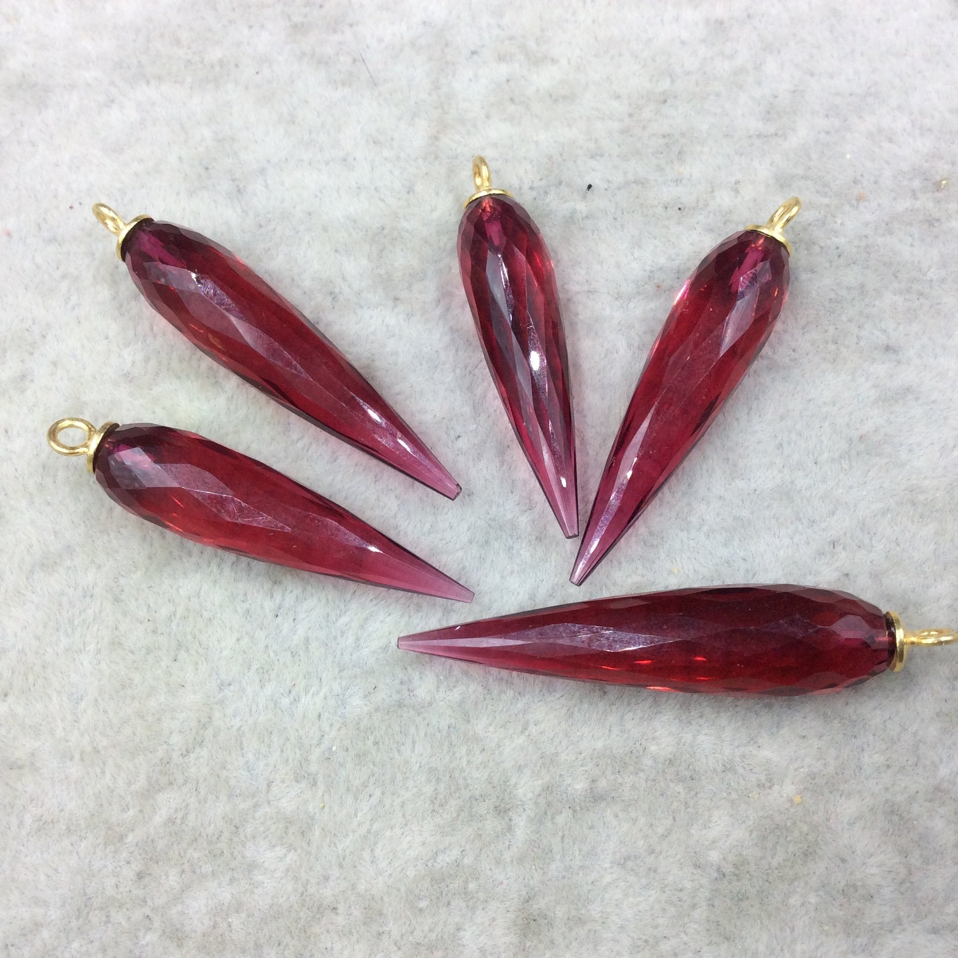 Large Gold Plated Sterling Silver Finish Faceted Spike Transparent Magenta Quartz Pendant  ~ 10 x 35-40mm - Sold Per Each, At Random