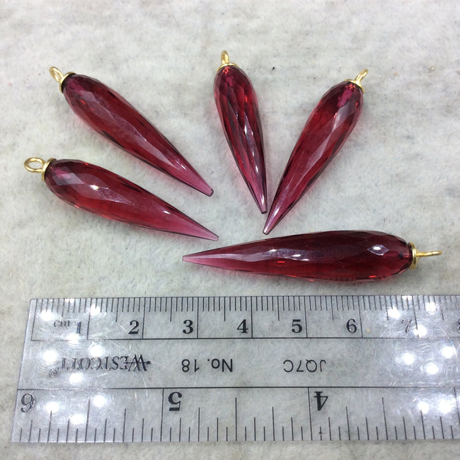 Large Gold Plated Sterling Silver Finish Faceted Spike Transparent Magenta Quartz Pendant  ~ 10 x 35-40mm - Sold Per Each, At Random