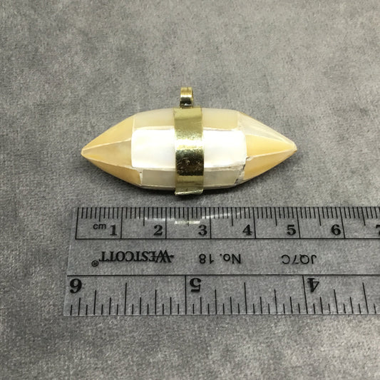 2" Iridescent Cream/Yellow Natural Abalone Shell Double Ended Pointed Spike Pendant with Gold Bail - Measuring 50mm x 18mm - (TR)