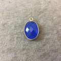 Gold Finish Faceted Semi-Transparent Denim Blue Chalcedony Vertical Oval Shaped Bezel Pendant - Measuring 12mm x 16mm - Natural Gemstone