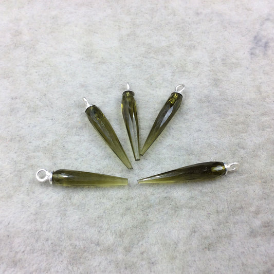 Olive Green Quartz Bezel | Small Sterling Silver Finish Faceted Spike Transparent Component - 7mm x 22-25mm - Sold Per Each