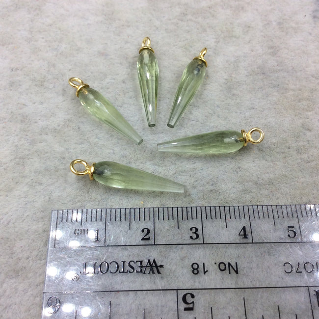 Small Gold Plated Sterling Silver Finish Faceted Spike Transparent Light Green Quartz Pendant  ~ 7 x 22-25mm - Sold Per Each, At Random