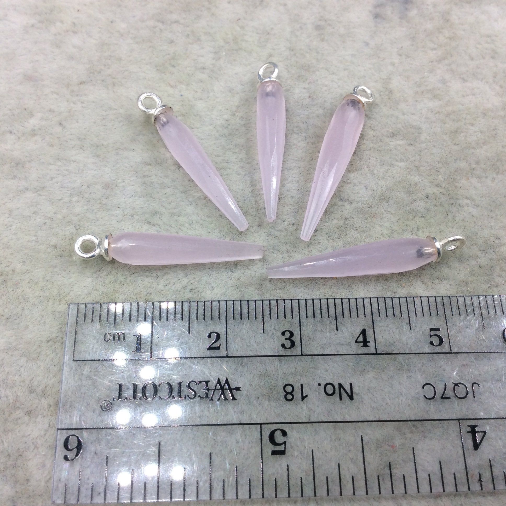 Small Sterling Silver Finish Faceted Spike Opaque Pink Quartz Component  7 x 22-25mm - Sold Per Each, Selected at Random