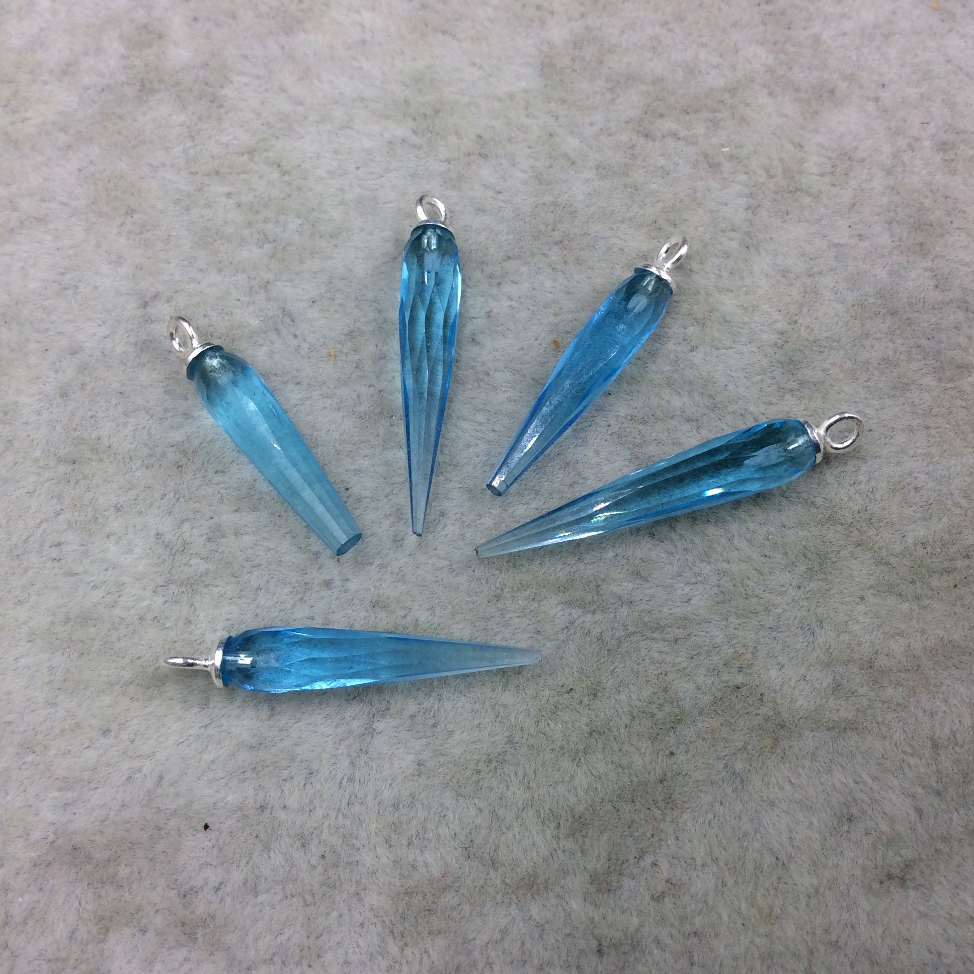 Small Sterling Silver Finish Faceted Spike Transparent Sky Blue Quartz Component  7 x 22-25mm - Sold Per Each, Selected at Random