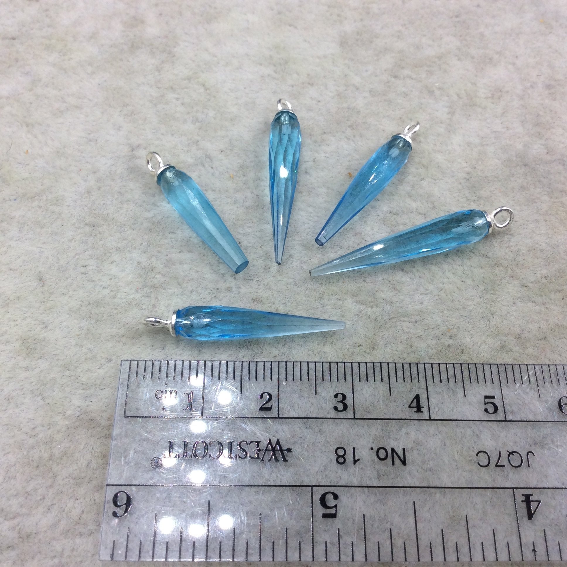 Small Sterling Silver Finish Faceted Spike Transparent Sky Blue Quartz Component  7 x 22-25mm - Sold Per Each, Selected at Random
