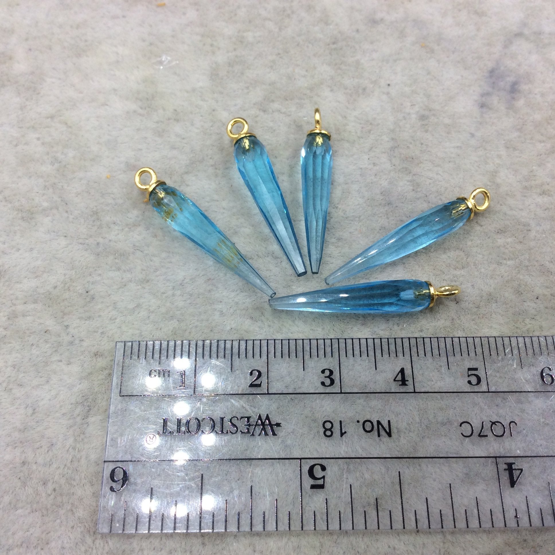 Small Gold Plated Sterling Silver Finish Faceted Spike Transparent Sky Blue Quartz Pendant  ~ 7 x 22-25mm - Sold Per Each, At Random