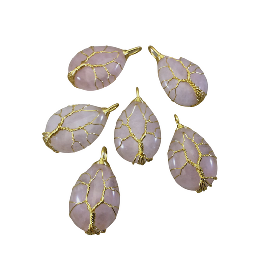 1.5" Gold Plated Copper Wire Wrapped Tree Focal Pendant with Rose Quartz Stone - Measures 25mm x 30mm - Sold Individually, Chosen at Random