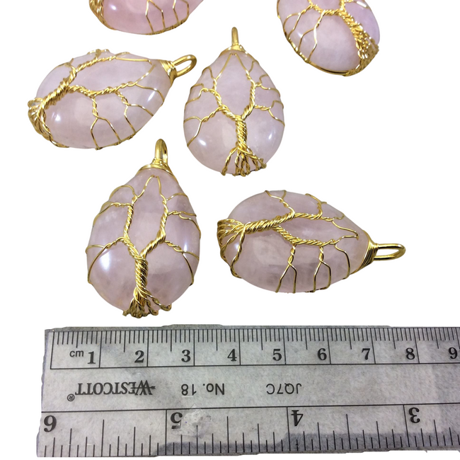 1.5" Gold Plated Copper Wire Wrapped Tree Focal Pendant with Rose Quartz Stone - Measures 25mm x 30mm - Sold Individually, Chosen at Random