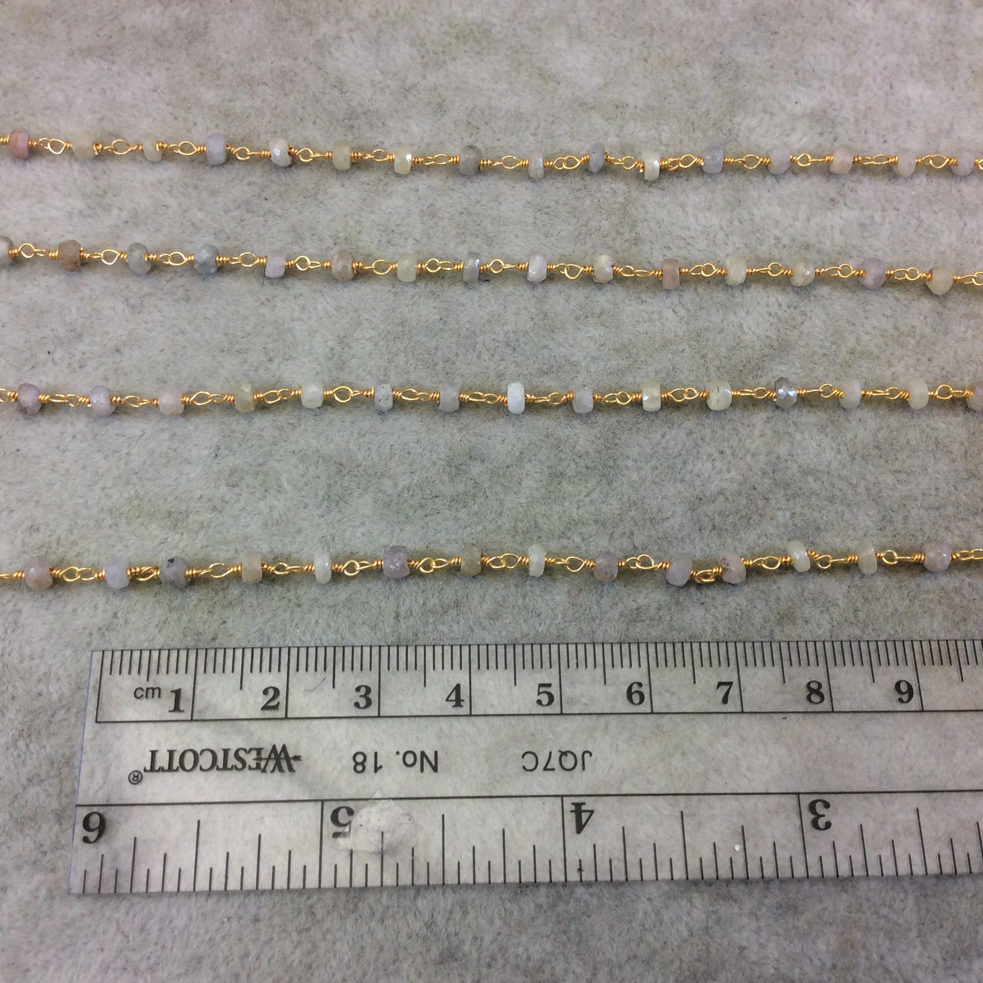 Gold Plated Copper Rosary Chain with Faceted 3mm - 4mm Rondelle Shape White Sapphire Beads - Natural Gemstone - Sold Per Foot (CH159-GD)