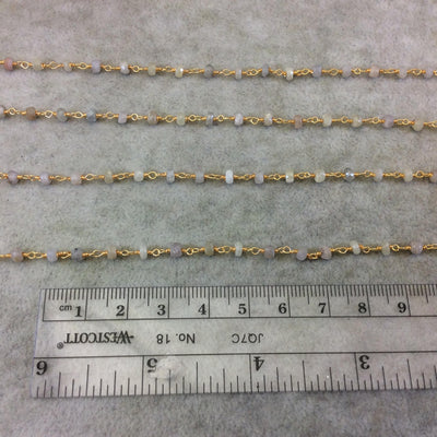 Gold Plated Copper Rosary Chain with Faceted 3mm - 4mm Rondelle Shape White Sapphire Beads - Natural Gemstone - Sold Per Foot (CH159-GD)