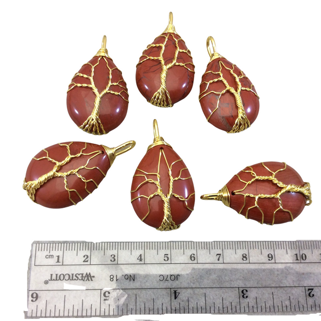 1.5" Gold Plated Copper Wire Wrapped Tree Focal Pendant with Red Jasper  Stone - Measures 25mm x 30mm - Sold Individually, Chosen at Random