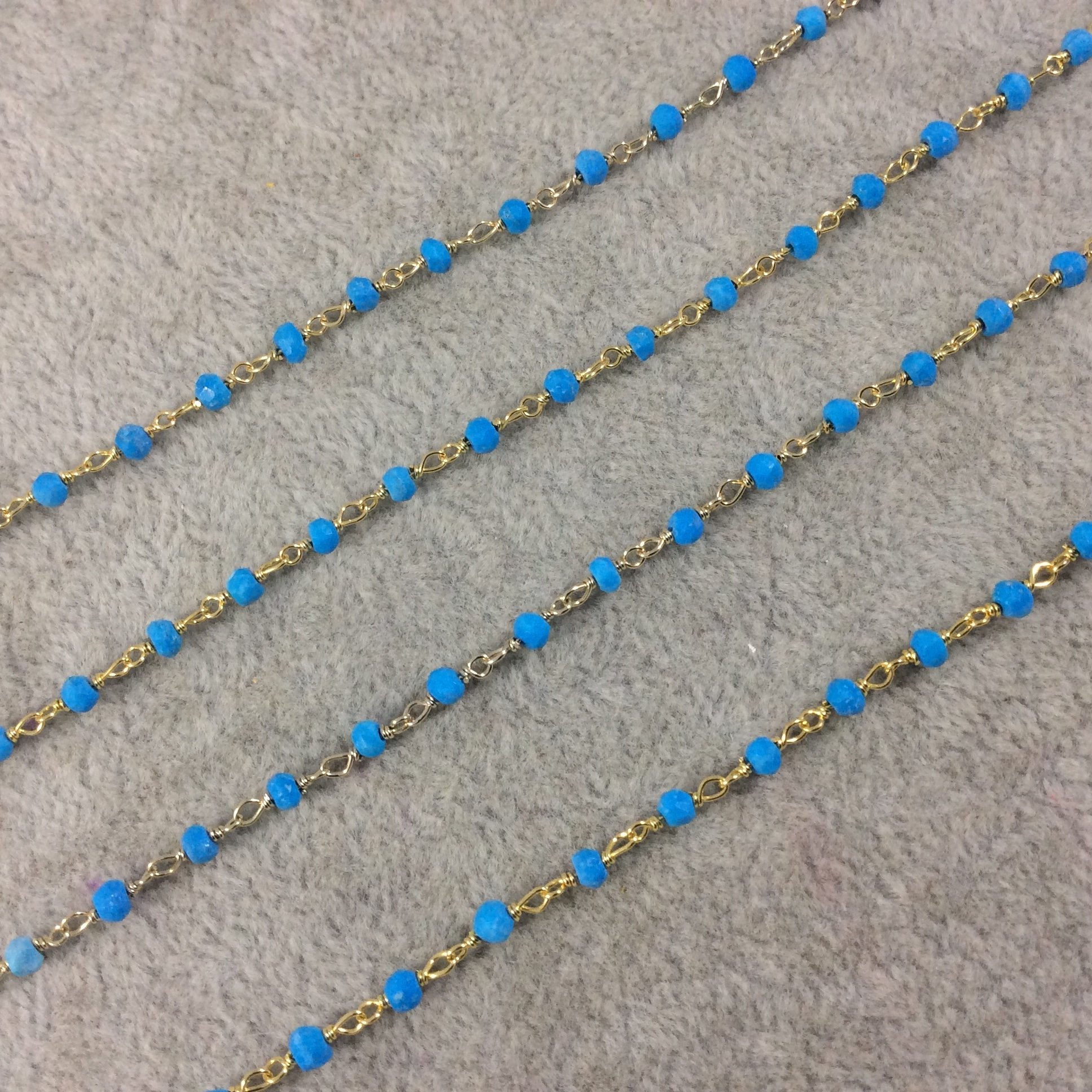 Gold Plated Sterling Silver Wrapped Rosary Chain with 2-3mm Faceted Natural Turquoise Rondelle Shape Beads - Sold per Foot! (SS002-GD)