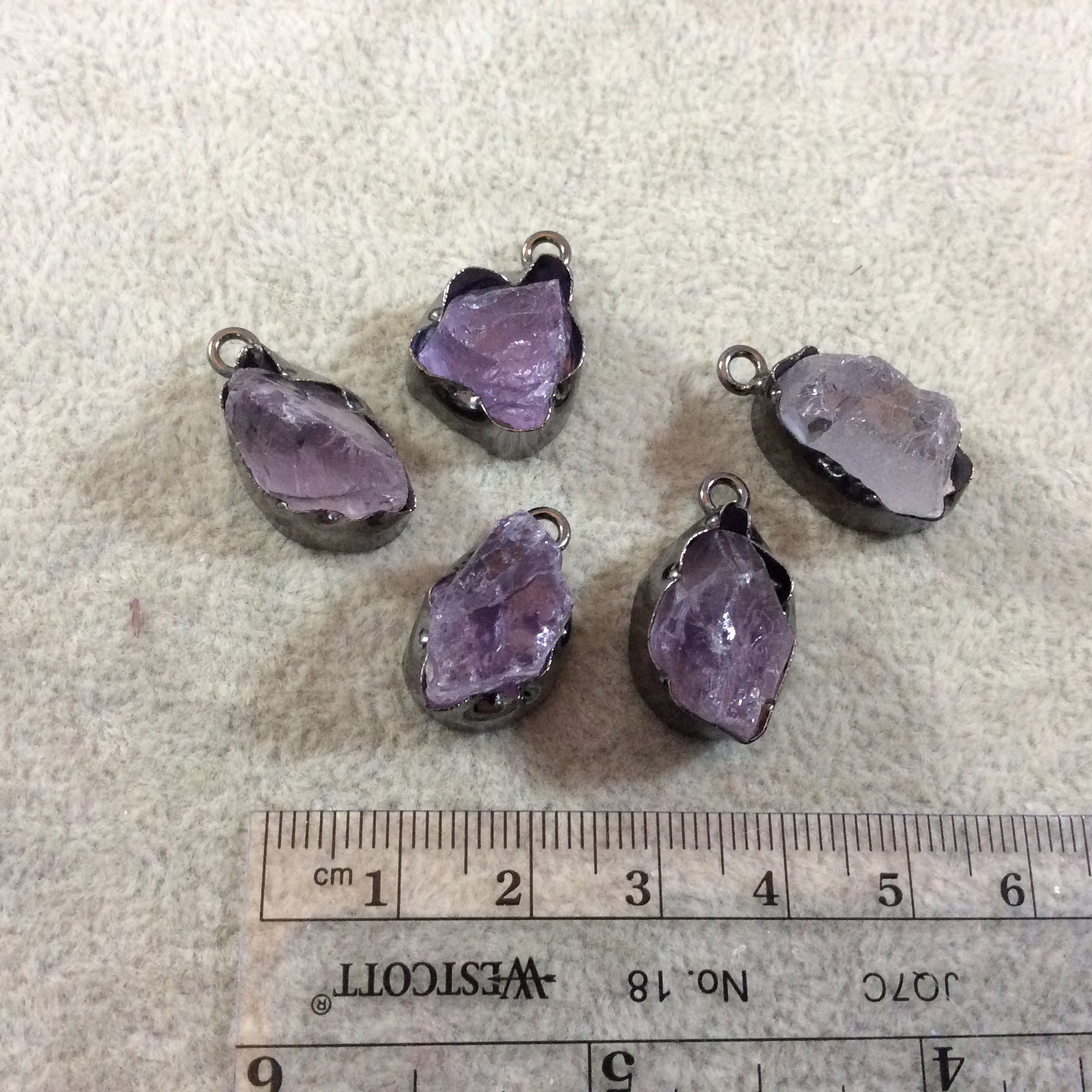 Gunmetal  Finish Small Raw Nugget Genuine Pale Amethyst Wavy Bezel Pendant - ~ 13mm - 15mm Long - Sold Individually, Selected Randomly