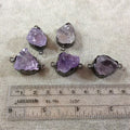 Gunmetal  Finish Large Raw Nugget Genuine Pale Amethyst Wavy Bezel Connector - ~ 21mm - 24mm Long - Sold Individually, Selected Randomly