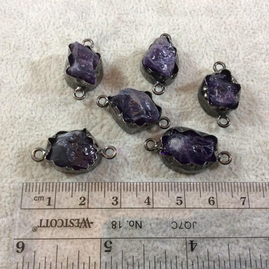 Gunmetal Finish Medium Raw Nugget Genuine Dark Amethyst Wavy Bezel Connector - ~ 16mm - 20mm Long - Sold Individually, Selected Randomly