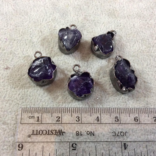 Gunmetal Finish Medium Raw Nugget Genuine Dark Amethyst Wavy Bezel Pendant - ~ 16mm - 18mm Long - Sold Individually, Selected Randomly