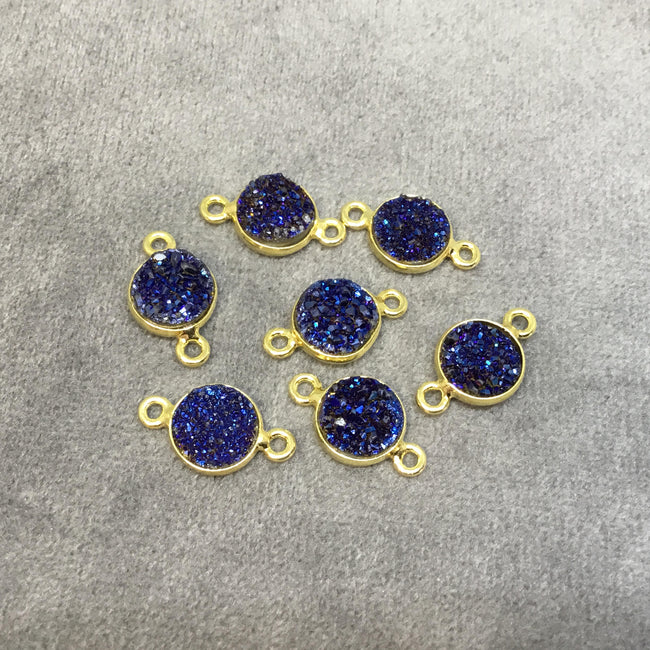 Gold Finish Metallic Dark Blue Round/Coin Shaped Natural Druzy Agate Bezel Connector Component - Measures 8mm x 8mm - Sold Individually