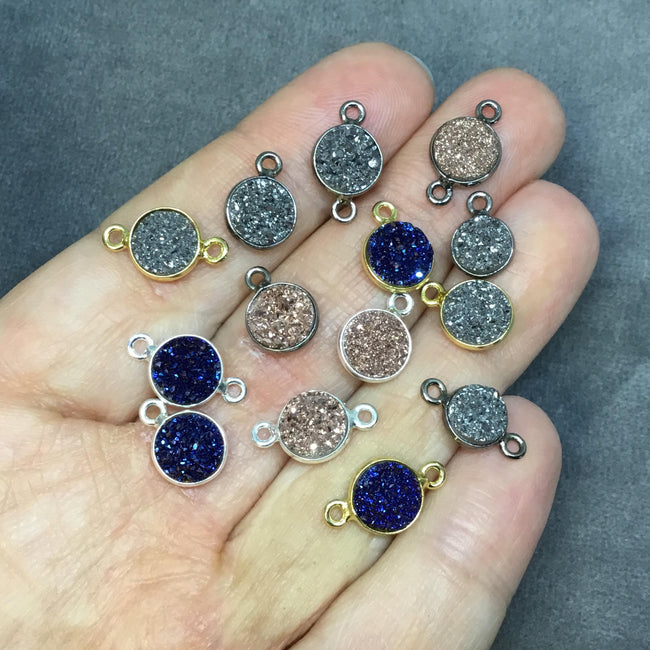 Gold Finish Metallic Dark Blue Round/Coin Shaped Natural Druzy Agate Bezel Connector Component - Measures 8mm x 8mm - Sold Individually