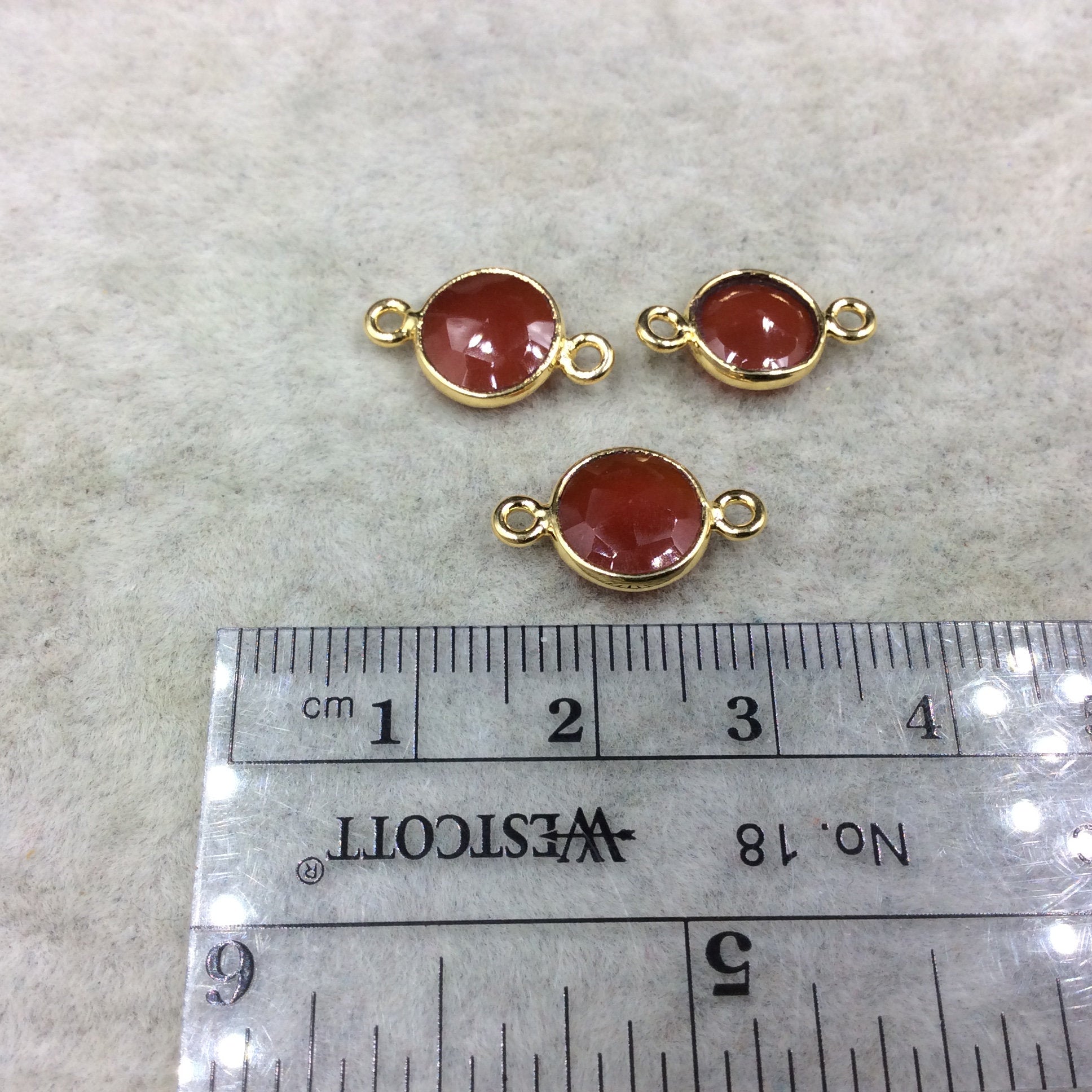 Carnelian Red Agate Gold Finish Faceted Round/Coin Shaped Plated Copper Bezel Connector - Measuring 10mm - Gemstone - Sold Individually