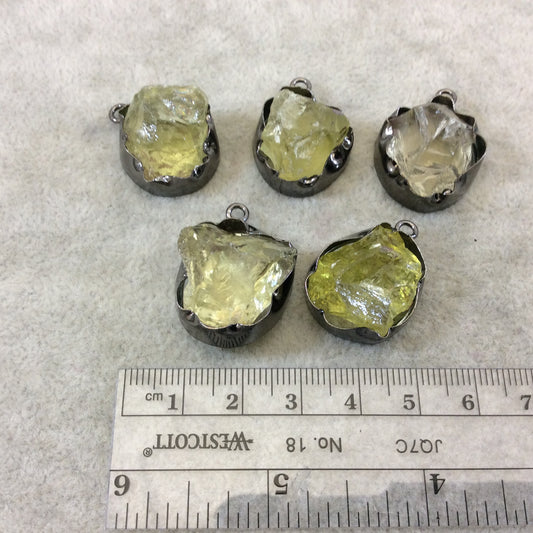 Gunmetal Finish Large Raw Nugget Genuine Lemon Quartz Wavy Bezel Pendant - ~ 20mm - 23mm Long - Sold Individually, Selected Randomly