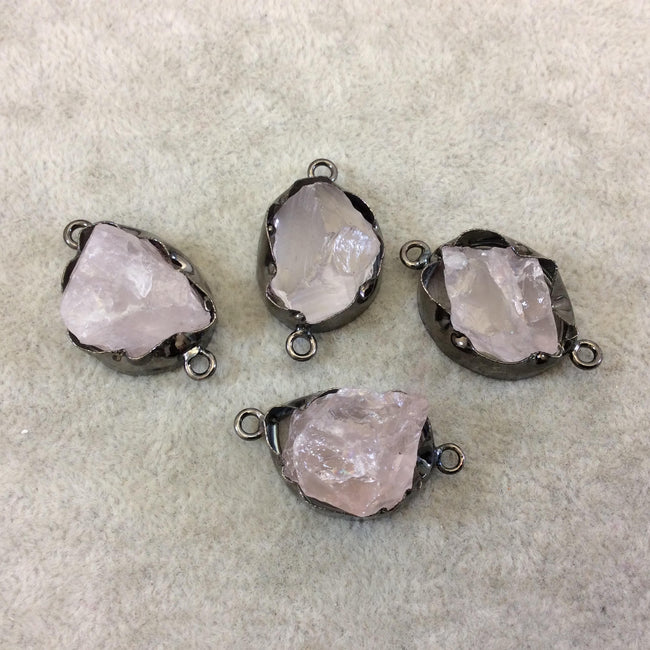 Gunmetal Finish Large Raw Nugget Genuine Rose Quartz Wavy Bezel Connector - 20mm - 23mm Long, Approx. - Sold Individually, Selected Randomly