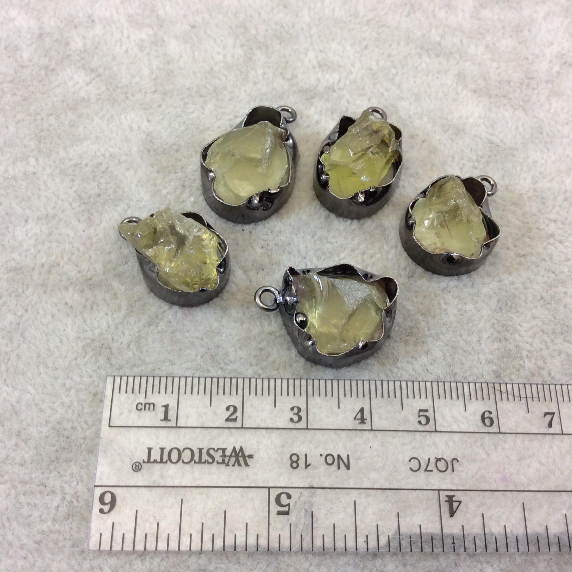 Gunmetal Finish Small Raw Nugget Genuine Lemon Quartz Wavy Bezel Pendant - ~ 15mm - 20mm Long - Sold Individually, Selected Randomly