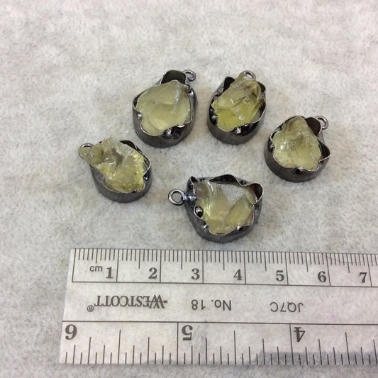Gunmetal Finish Small Raw Nugget Genuine Lemon Quartz Wavy Bezel Pendant - ~ 15mm - 20mm Long - Sold Individually, Selected Randomly