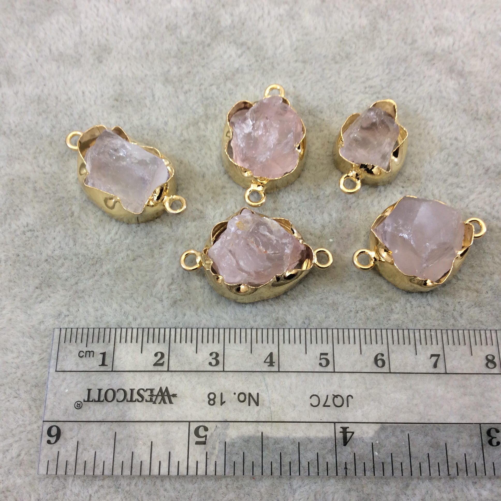Gold Finish Medium Raw Nugget Genuine Rose Quartz Wavy Bezel Connector - 15mm - 20mm Long, Approx. - Sold Individually, Selected Randomly