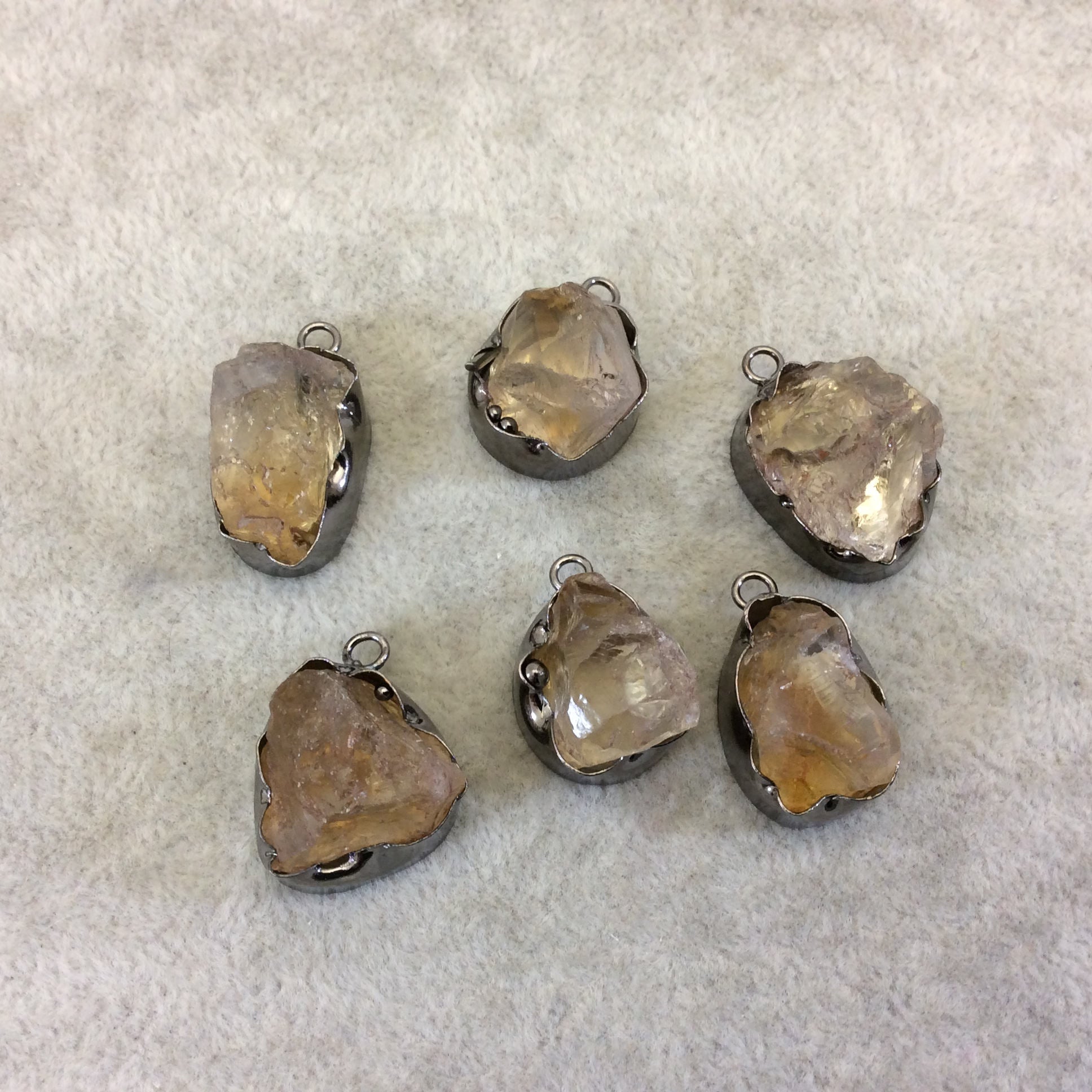 Gunmetal Finish Medium Raw Nugget Genuine Citrine Quartz Wavy Bezel Pendant - ~ 16mm - 20mm Long - Sold Individually, Selected Randomly