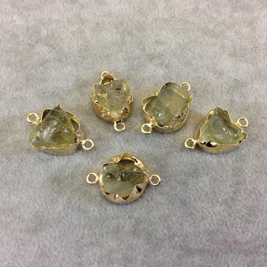 Gold Finish Medium Raw Nugget Genuine Lemon Quartz Wavy Bezel Connector - ~ 16mm - 20mm Long - Sold Individually, Selected Randomly