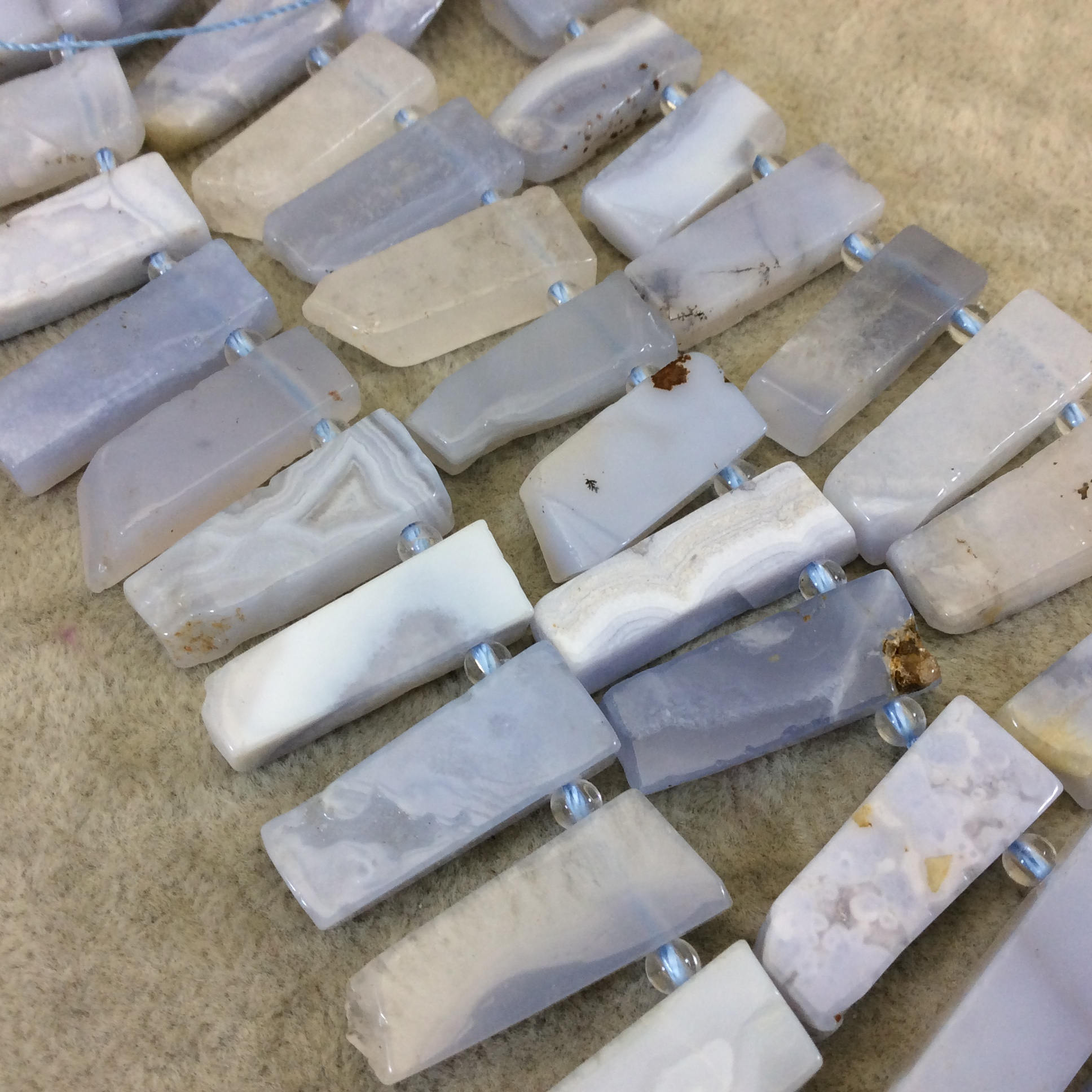 Natural Pale Blue Lace Agate Flat Stick Shape Beads W 1mm Holes - Measuring 10mm x 20-35mm, Approx. - Sold by 15" Strands (Approx. 34 Beads)