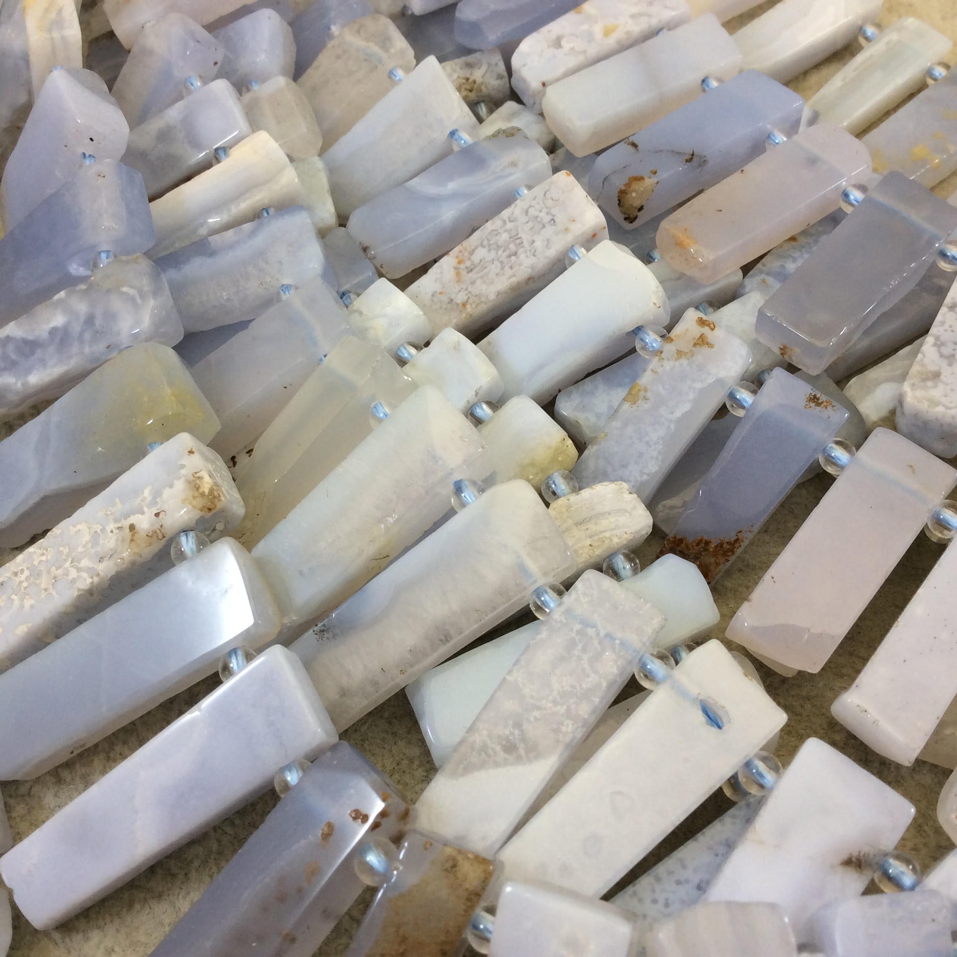 Natural Pale Blue Lace Agate Flat Stick Shape Beads W 1mm Holes - Measuring 10mm x 20-35mm, Approx. - Sold by 15" Strands (Approx. 34 Beads)