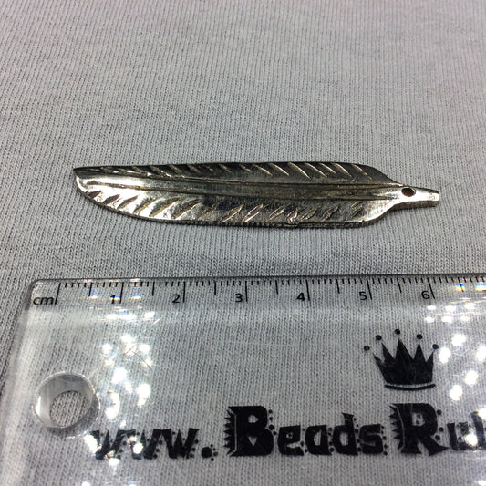 Large Silver-Plated Copper Long Pointed Leaf/Feather Shaped Pendant Style A - Measuring 13mm x 58mm - Sold Individually, Selected at Random