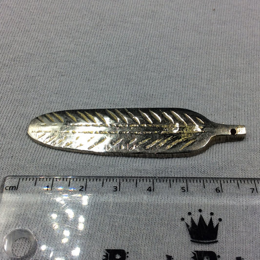 Large Silver-Plated Copper Long Rounded Leaf/Feather Shaped Pendant Style C - Measuring 18mm x 65mm - Sold Individually, Selected at Random