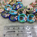 20mm Decorative Floral Multicolored Puffed Donut Shaped Metal/Enamel Cloisonné Beads - Sold by 15" Strands (Approx. 20 Beads Per Strand)