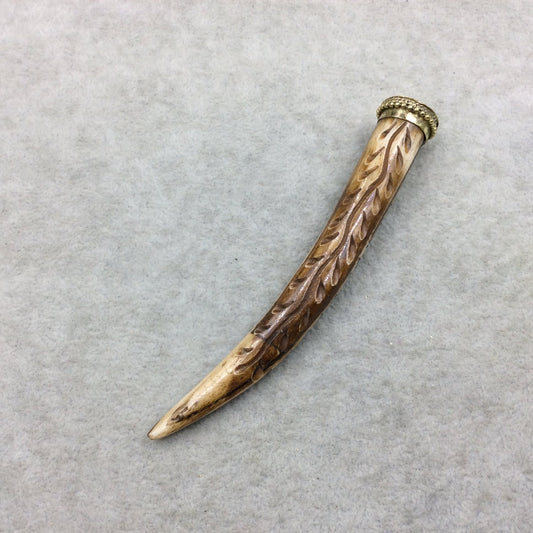 SALE - 4.5" Medium Brown Round Tusk/Claw Shaped Natural Ox Bone Pendant with Wavy Carving and Gold Cap - Measuring 18 x 105mm