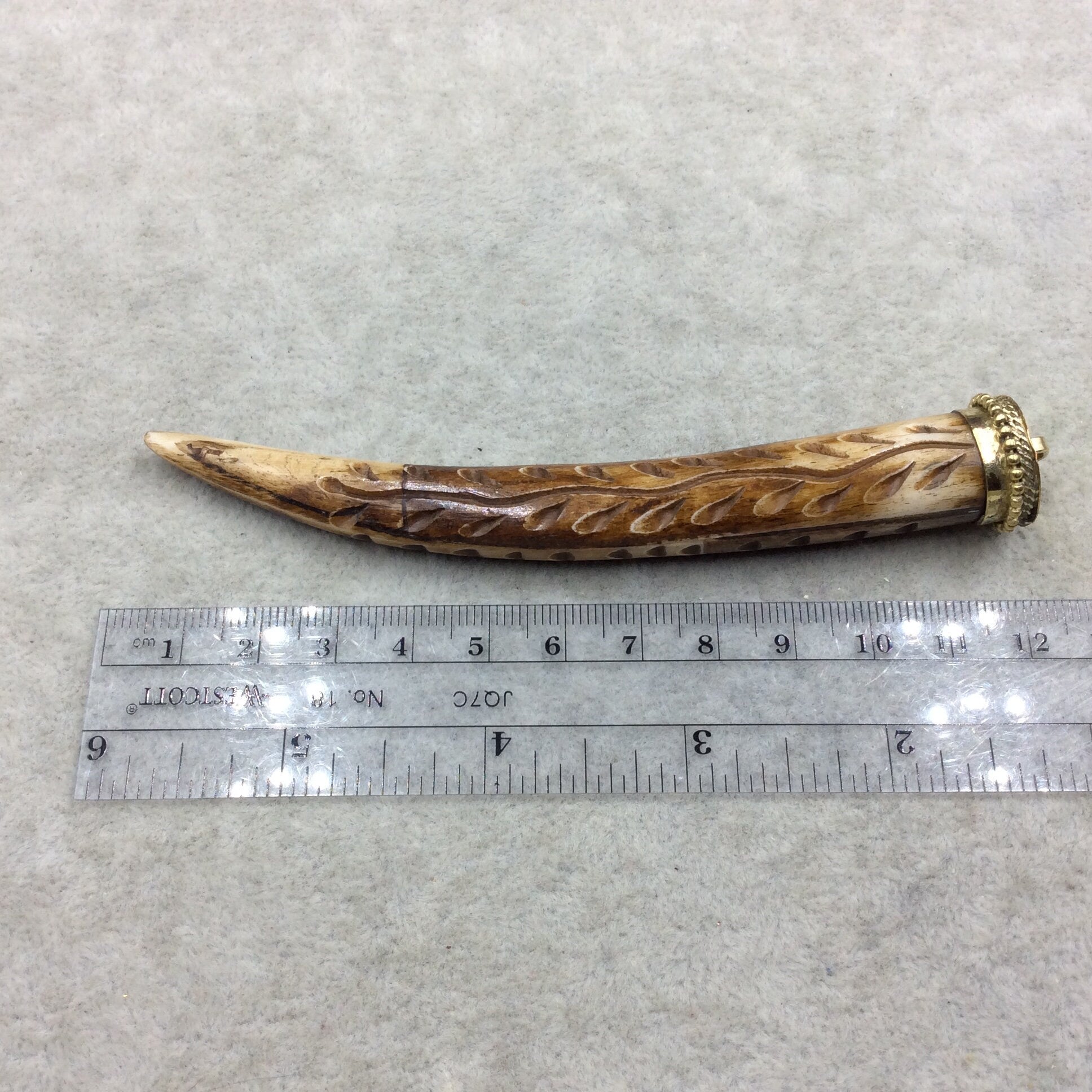 SALE - 4.5" Medium Brown Round Tusk/Claw Shaped Natural Ox Bone Pendant with Wavy Carving and Gold Cap - Measuring 18 x 105mm