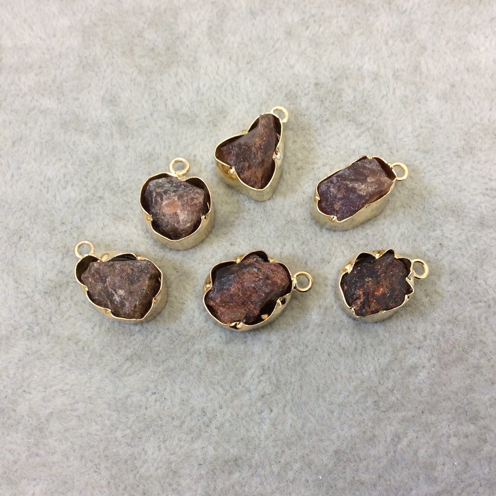 Gold Finish Medium Raw Nugget Genuine Hessonite Garnet Wavy Bezel Pendant - ~ 16mm - 20mm Long - Sold Individually, Selected Randomly