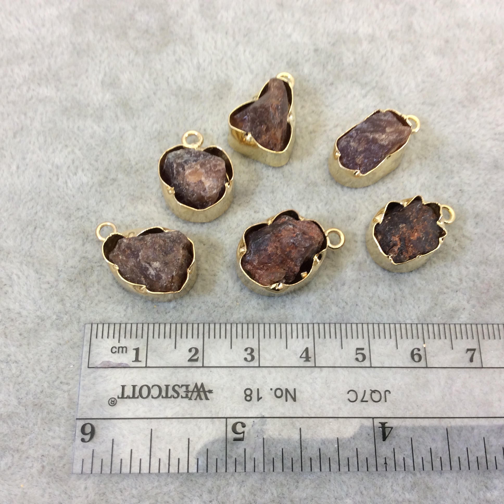 Gold Finish Medium Raw Nugget Genuine Hessonite Garnet Wavy Bezel Pendant - ~ 16mm - 20mm Long - Sold Individually, Selected Randomly