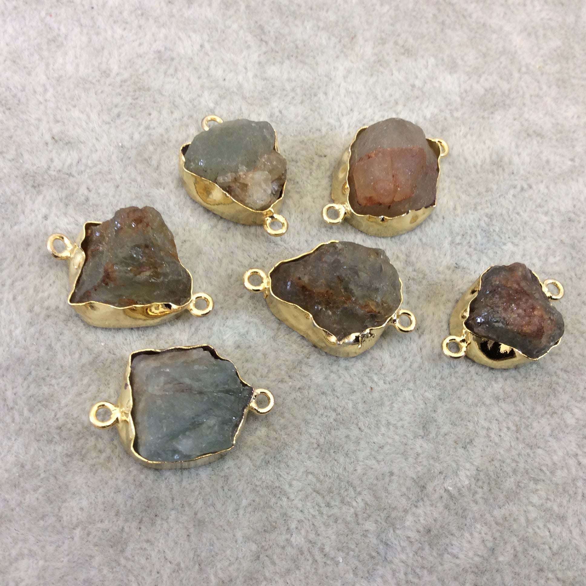 Gold Finish Medium Raw Nugget Genuine Moss Aquamarine Wavy Bezel Connector - ~ 16mm - 20mm Long - Sold Individually, Selected Randomly