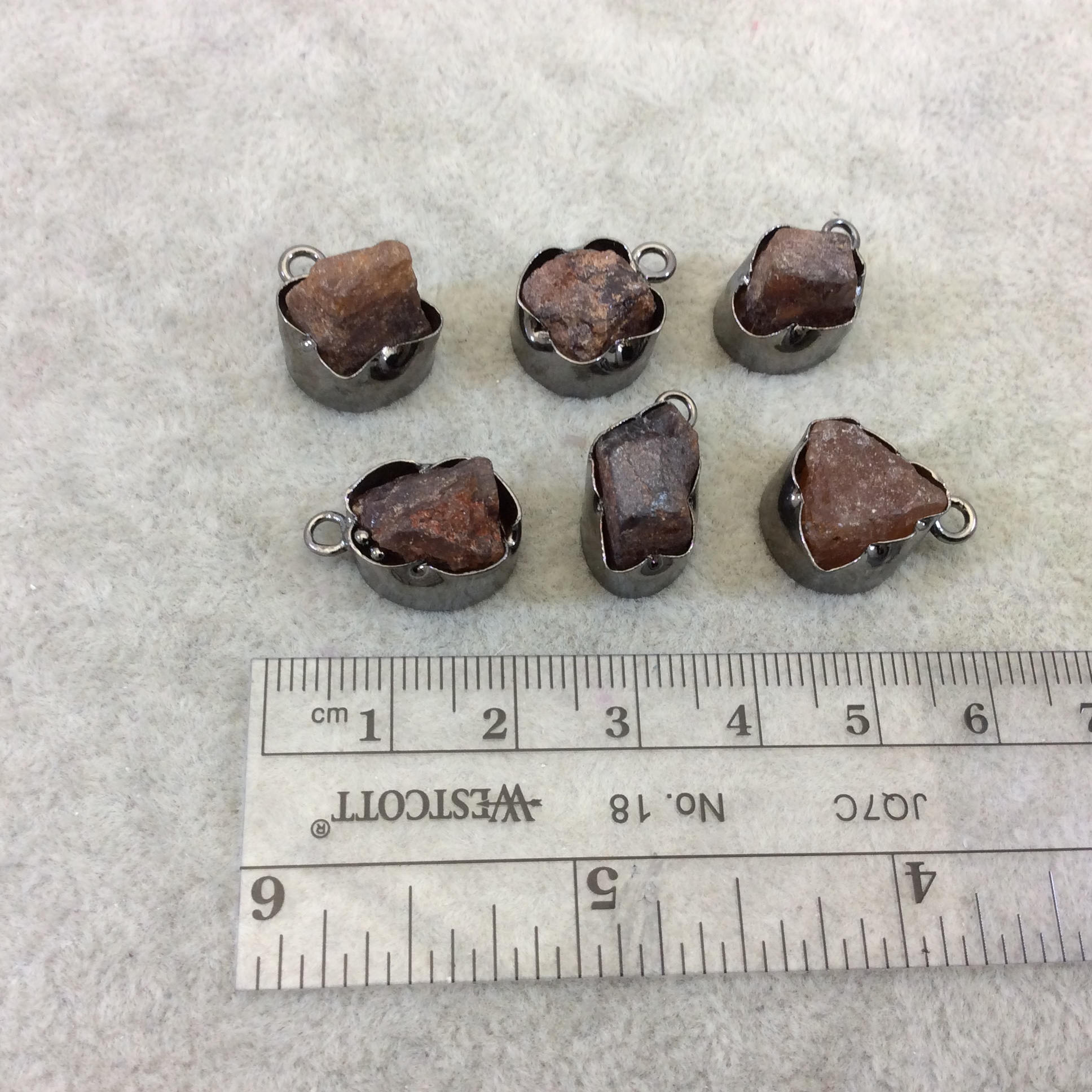 Gunmetal Finish Small Raw Nugget Genuine Hessonite Garnet Wavy Bezel Pendant  ~ 12mm - 16mm Long - Sold Individually, Selected Randomly