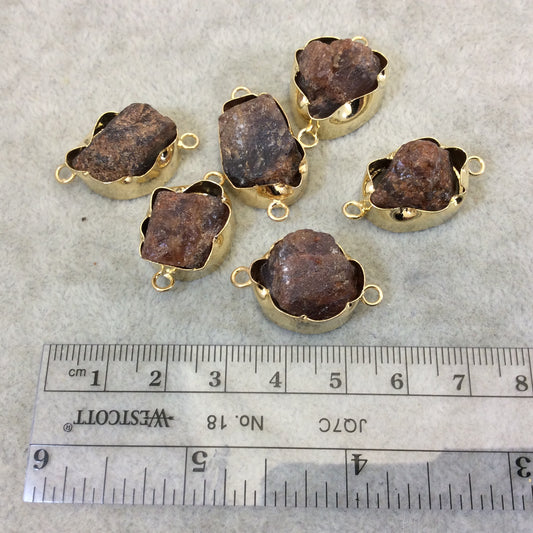 Gold Finish Large Raw Nugget Genuine Hessonite Garnet Wavy Bezel Connector - ~ 18mm - 22mm Long - Sold Individually, Selected Randomly