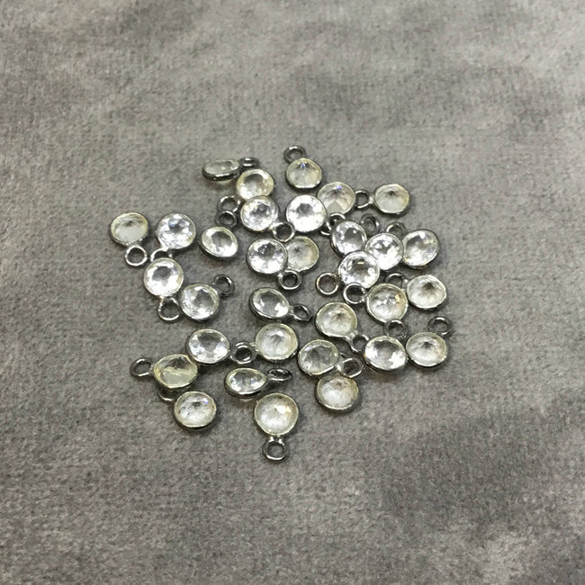 BULK PACK of Six (6) Gunmetal Sterling Silver Pointed/Cut Stone Faceted Round/Coin Shaped Clear Quartz Bezel Pendants - Measuring 4mm x 4mm