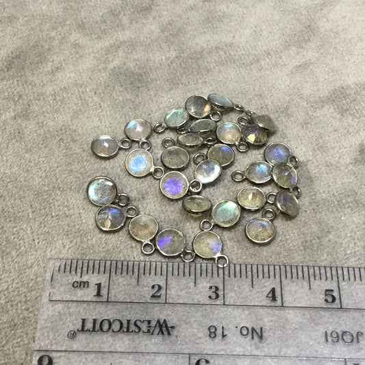 BULK PACK of Six (6) Gunmetal Sterling Silver Pointed/Cut Stone Faceted Round/Coin Shaped Labradorite Bezel Pendants - Measuring 5mm x 5mm