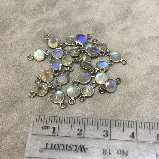 BULK PACK of Six (6) Gunmetal Sterling Silver Pointed/Cut Stone Faceted Round/Coin Shaped Labradorite Bezel Connectors - Measuring 5mm x 5mm