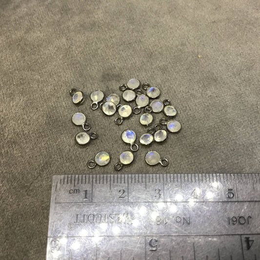 BULK PACK of Six (6) Gunmetal Sterling Silver Pointed/Cut Stone Faceted Round/Coin Shaped Moonstone Bezel Pendants - Measuring 5mm x 5mm