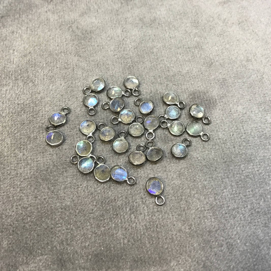 BULK PACK of Six (6) Gunmetal Sterling Silver Pointed/Cut Stone Faceted Round/Coin Shaped Labradorite Bezel Pendants - Measuring 4mm x 4mm