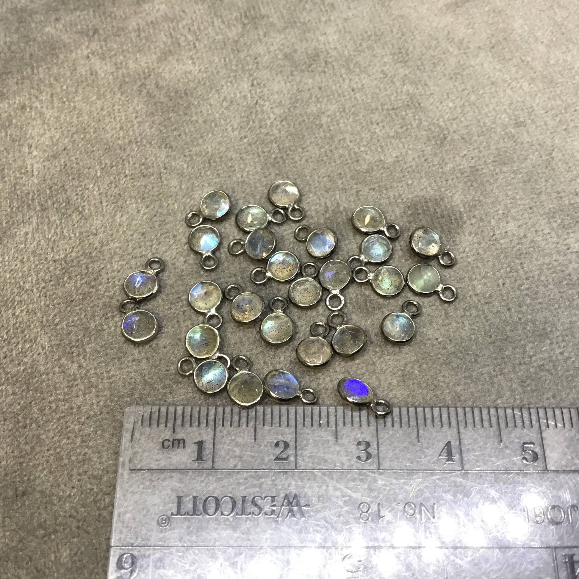 BULK PACK of Six (6) Gunmetal Sterling Silver Pointed/Cut Stone Faceted Round/Coin Shaped Labradorite Bezel Pendants - Measuring 4mm x 4mm
