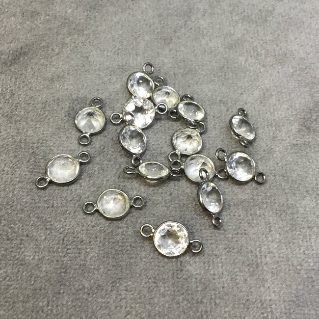 BULK PACK of Six (6) Gunmetal Sterling Silver Pointed/Cut Stone Faceted Round/Coin Shaped Clear Quartz Bezel Connectors - Measuring 6 x 6mm